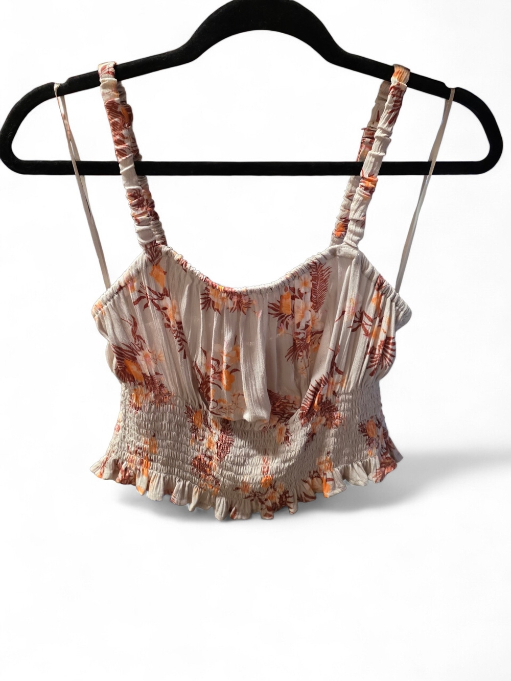 NEW Pink Rose Cream Floral Smocked Crop Top with Orange Print size Medium